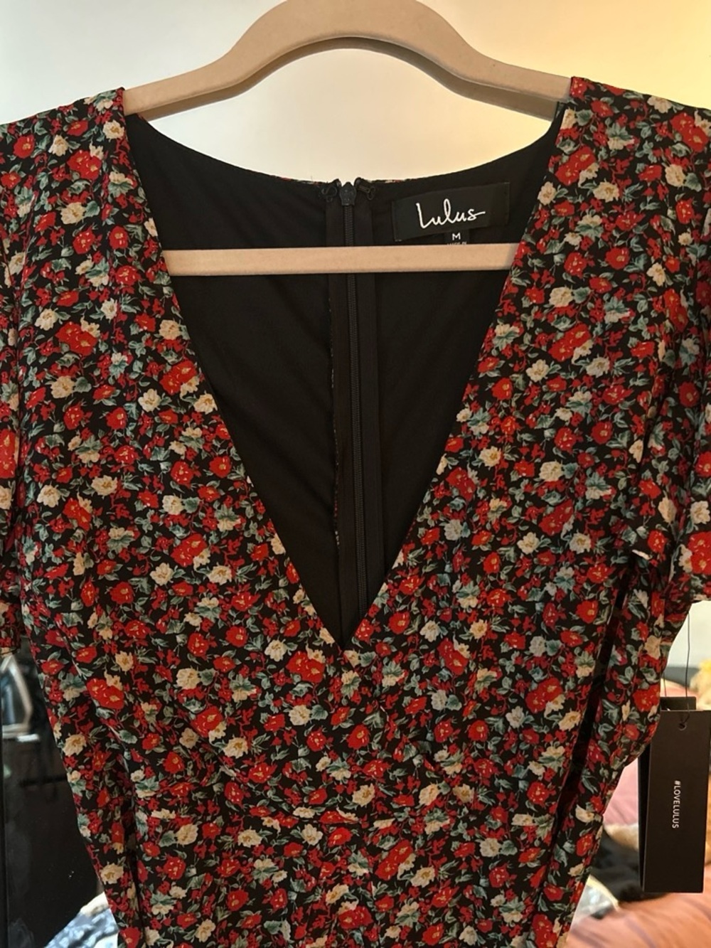 Lulu's Black Red Floral Wrap-Style Mini Dress - Picture 3 of 4